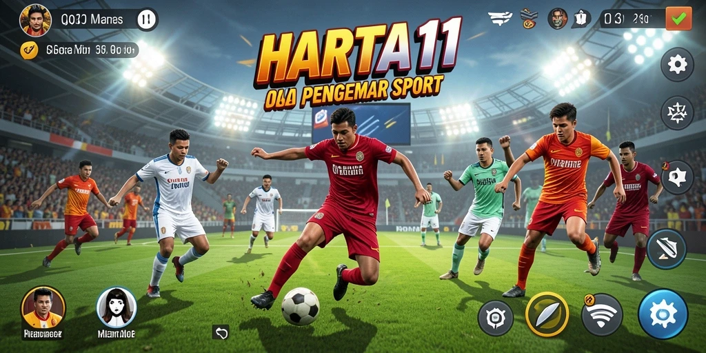 Screenshot utama HARTA11 memperlihatkan aksi seru dalam pertandingan olahraga.