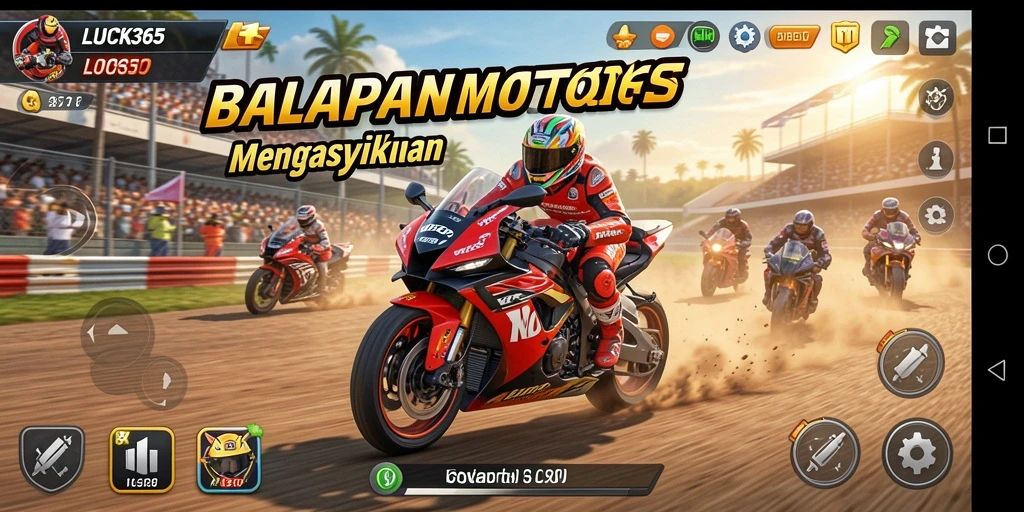 Screenshot gameplay LUCK365 dengan aksi balapan motor yang menegangkan.