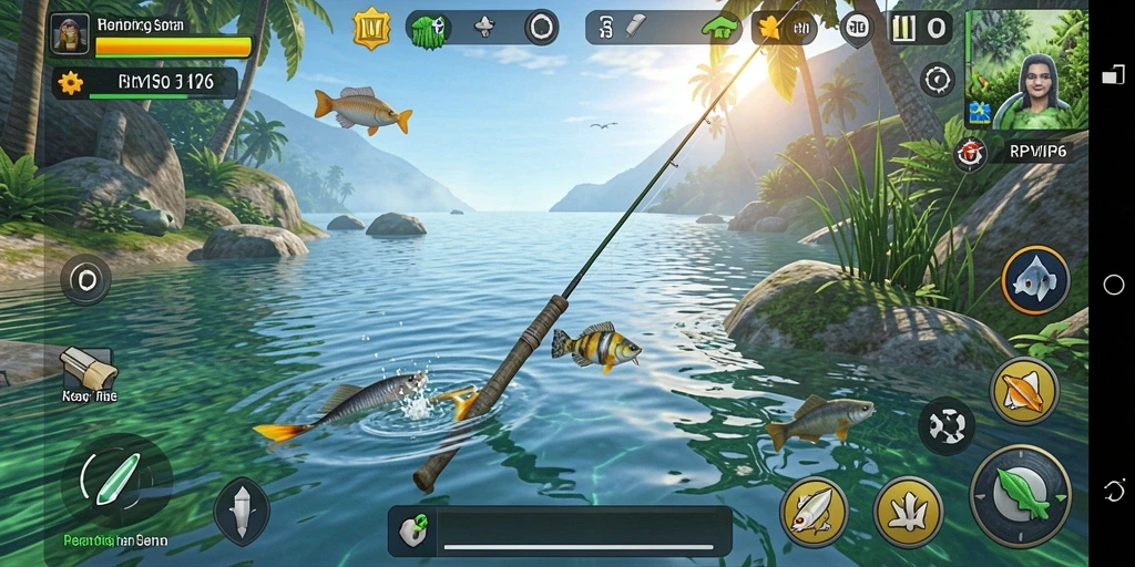Screenshot gameplay RPVIP6 yang menunjukkan momen menangkap ikan.