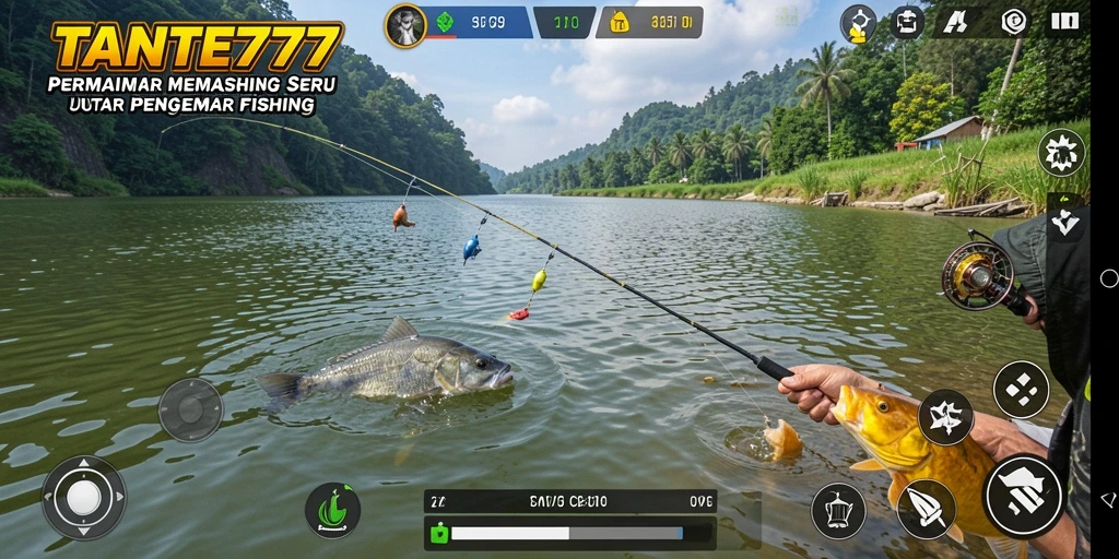 Screenshot gameplay TANTE777 menampilkan aksi seru memancing.
